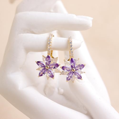 Sonateomber Gold Silver Small Hoop Dangle Earrings for Women, Trendy Dainty Rhinestone CZ Dangling Prom Wedding Leaf Flower Snowflake Butterfly Starfish Fashion Jewelry Gift - color: Purple Flower