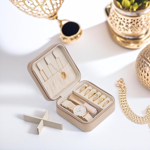 VLANDO Small Travel Jewelry Box Organizer Display Case for Girls Women Gift Rings Earrings Necklaces Storage, Latte - color: Latte