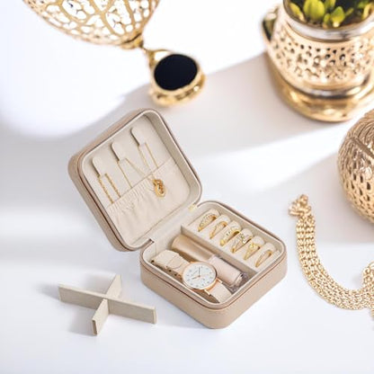 VLANDO Small Travel Jewelry Box Organizer Display Case for Girls Women Gift Rings Earrings Necklaces Storage, Latte - color: Latte