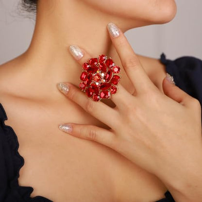 Xerling Red Rhinestone Big Flower Rings Women Crystal Cocktail Party Rings Bridal Wedding Prom Ring Aesthetic Costume Rings for Teens - color: Red