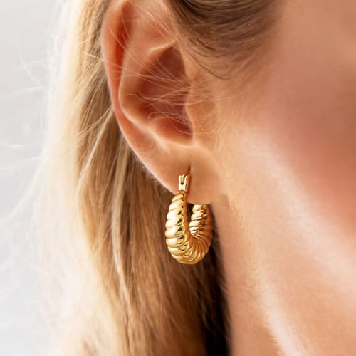 Gold Hoop Earrings for Women, 18K Gold Plated Chunky Huggie Hoop Earrings for Women Jewelry Gifts - color: Croissant Gold
