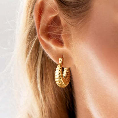 Gold Hoop Earrings for Women, 18K Gold Plated Chunky Huggie Hoop Earrings for Women Jewelry Gifts - color: Croissant Gold