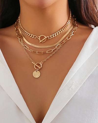 Gold Layered Necklaces for Women Chunky Layered Gold Link Chain Necklaces Trendy Paperclip Herringbone Toggle Clasp Necklace Statement Jewelry Accessories for Her - color: A4:layered western necklaces
