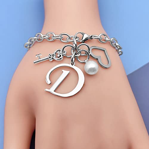 Initial A-Z Bracelets Gift for Women Girls Stainless Steel Chain Bracelet 26 Alphabet Jewelry Gifts for Birthday Anniversary Letter Bracelet Monogram Gifts for Sister Friend Girlfriends Mom 8.26 Inch - color: D