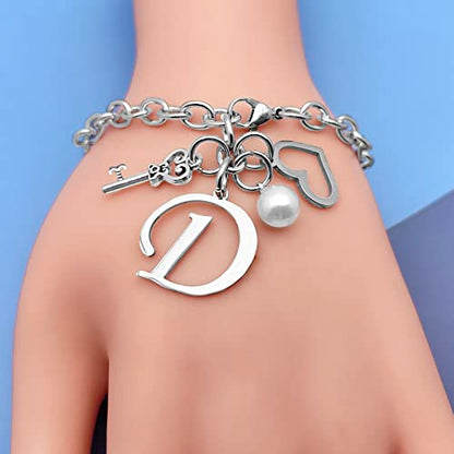 Initial A-Z Bracelets Gift for Women Girls Stainless Steel Chain Bracelet 26 Alphabet Jewelry Gifts for Birthday Anniversary Letter Bracelet Monogram Gifts for Sister Friend Girlfriends Mom 8.26 Inch - color: D