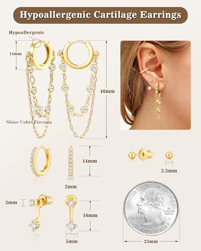 Tassel Chain Small Gold Hoop Dangle Earring For Women Huggie Earring Heart Star CZ 14K Gold Plated Fashion Jewelry Graduation Gift for Her Mothers Day Gifts for Mom - color: Gold-4 Pairs B