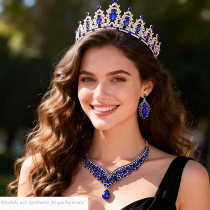 Kamirola Bridal Wedding Tiara Crown Jewelry Set for Women/Brides/Bridesmaids Crystal Jewelry Set for Wedding Prom Party Bridal Crystal Necklace Earrings Bracelet Set(TR60) - color: Gold Blue