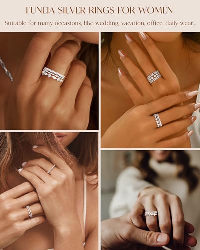 FUNEIA Stackable Silver Gold Rings for Women Non Tarnish 14K Gold Plated Thumb Cubic Zirconia Rings for Women Dainty Pinky Promise Wedding Ring Set Women's Engagement Eternity Band Rings Gold Jewelry - color: C-Silver Stackable Rings