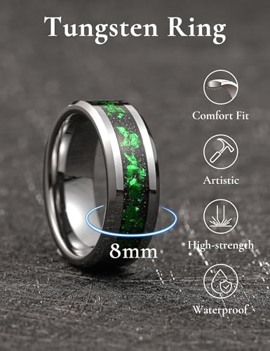King Will Mens Wedding Band with Foils Inlay, Black/Silver/Gold Beveled Edge Glowstone Ring, 6mm/8mm Tungsten Carbide Rings Comfort Fit - color: Silver&Green-8mm
