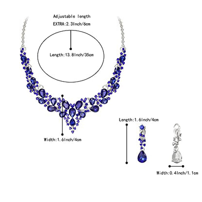 Wedding Statement Necklace Clip-on Earrings Jewelry Set | Sparkling Austrian Crystal Teardrop Cluster for Party Prom Accessories - color: 04-Blue Silver-Tone