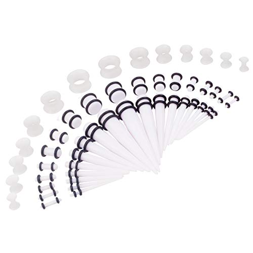 50 Pcs Ear Gauges Stretching Kit 14G-00G | Acrylic Tapers and Plugs Silicone Tunnels, Gauge Expanders Stretching Kit, Piercing Earring Jewelry for Men and Women - color: White