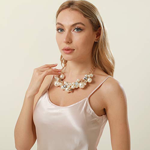 utop JNF Hand made Pearl Statement Necklace for Women Rhinestone Multilayer Crystal Necklaces Chunky Pearl Necklace Large Pearl Necklace and Earrings Set for Mother Mom's gift - color: white pearl chain necklace