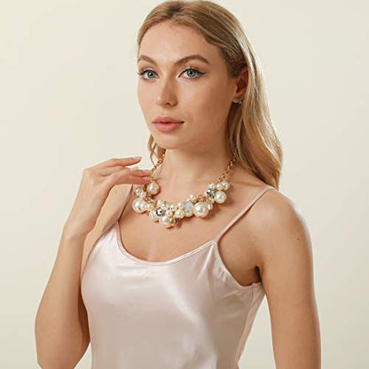 utop JNF Hand made Pearl Statement Necklace for Women Rhinestone Multilayer Crystal Necklaces Chunky Pearl Necklace Large Pearl Necklace and Earrings Set for Mother Mom's gift - color: white pearl chain necklace