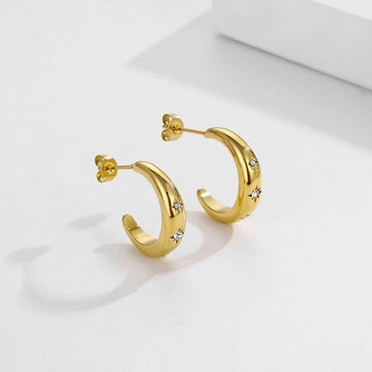 18K Gold Plated Stainless Steel Statement Earrings for Women - Trendy Hoops with Cubic Zirconia - Lightweight Non-Tarnish Waterproof Fashion Jewelry Gift - style: Zircon C-shaped Hoop