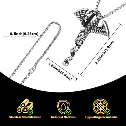 Stainless Steel Gothic Y2K Punk Rock Emo Biker Pendant Necklace | Cosplay Vintage Viking Alt Edgy Fashion Charm Necklace Jewelry for Men Women Active Daily Wear - style: Black Stone Winged Dragon