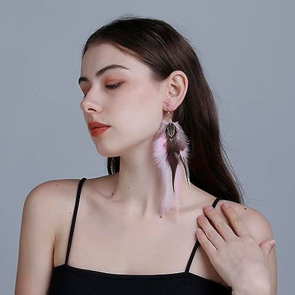 RUOFFETA Long Feather Earrings for Women, Boho Bohemian Earrings Multicolor Tassel Handmade Feather Earrings for Women Dangling - style: Style P