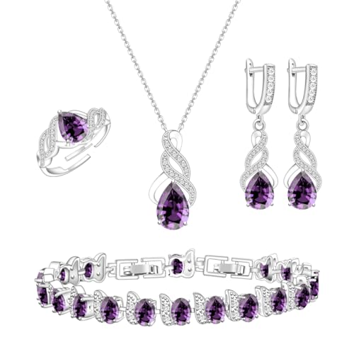 LMXXVJ Jewelry Set for Women,Teardrop Cubic Zirconia Necklace Earrings Adjustable Ring Bracelet Jewelry Set Formal Jewelry Gift - color: MHSD-White Gold-Purple