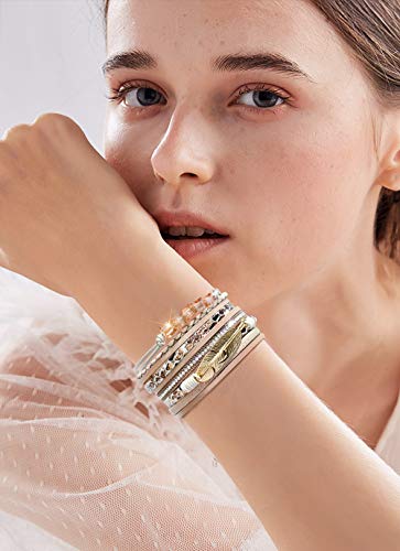 Leather Wrap Bracelet Set 3Pack Wrist Cuff Bracelet for Women Multilayer Magnetic Clasp Bracelet Feather Tree Bead Crystal Bracelet - color: Grey Crystal