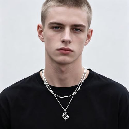 Gothic Cross Star Necklace For Men Women Silver Stainless Steel Cuban Link Paperclip Figaro Bead Chain Punk Kpop Y2k Goth Irregular Layered Cross Pendant Necklace Non Tarnish Jewelry Gift - color: Silver L