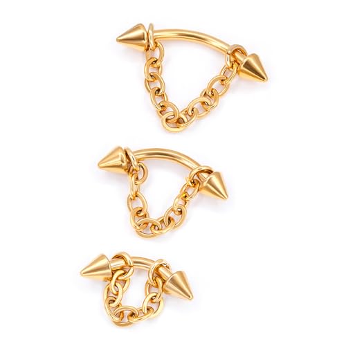 3 Pcs 316L Stainless Steel 16G Tragus Helix Rook Piercing Jewelry with Chain, Cartilage Earrings for Women, Belly Button Ring Vertical Labret Lip Piercing Jewelry - color: Gold, size: Cone