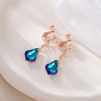 Austrian Crystal Baroque Drop Clip On Dangle Earrings for Women Non Pierced 14K Rose Gold Plated Hypoallergenic Jewelry - color: Bermuda Blue