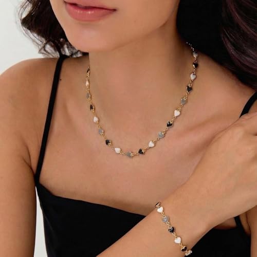 Gold Jewelry Set for Women, Dainty 18K Gold Plated Heart Necklaces Bracelets Set, Elegant Choker Necklaces Bracelets Trendy Valentine Anniversary Birthday Jewelry Gift - color: Black