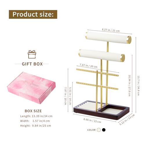 modern T-shaped jewelry rack, jewelry tower, gold metal, square ceramic base decoration display tower, necklace, bracelet, ring storage rack (2-layer beige velvet) - style: 2-layer beige velvet