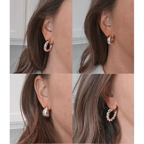 6 Pairs Gold Hoop Earrings for Women, 14K Gold Plated Huggie Hoop Earrings Set Hypoallergenic Lightweight Chunky Open Hoops Jewelry for Gift - color: Silver