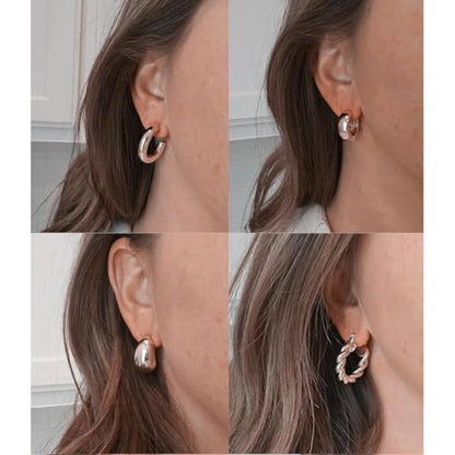 6 Pairs Gold Hoop Earrings for Women, 14K Gold Plated Huggie Hoop Earrings Set Hypoallergenic Lightweight Chunky Open Hoops Jewelry for Gift - color: Silver