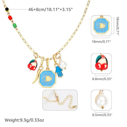 Charm Necklace for Women Gold Evil Eye Sun Moon Flower Coin Pendant Necklace Dainty Paperclip Chain Vintage Luck Amulet Choker Necklaces Celestial Jewelry Gift - style: 5 Charms-Blue Enamel