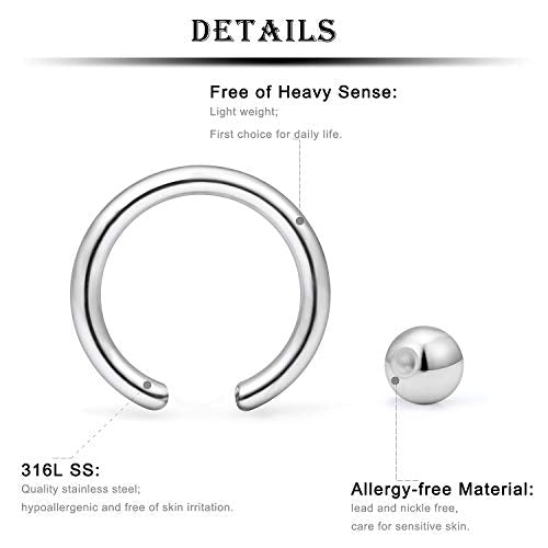 12G Septum Rings Ear Gauges Earrings Hoops Eyebrow Piercings lip Rings Hoop 316L Surgical Steel Cartilage Helix Tragus Rook Daith Earrings Piercing Jewelry for Women Men 10mm 12mm 14mm 16mm - style: 12G 14MM Mix Color