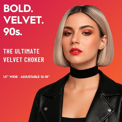 Velvet Choker for Women, Wide 1.5" 90s Ribbon Adjustable 12–18" with Stainless Steel Clasp, Soft Skin-Friendly Velvet — Black - color: Black