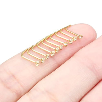 Nose Studs Surgical Steel Nose Rings Studs with Cubic Zirconia 10Pcs Tiny Nostril Rings for Women Screw Bone and L-Shaped Nostril Piercing Jewelry 24G 22G 20G 18G - color: goldtone,L shaped nose studs, size: 22g,1.5mm Clear CZ