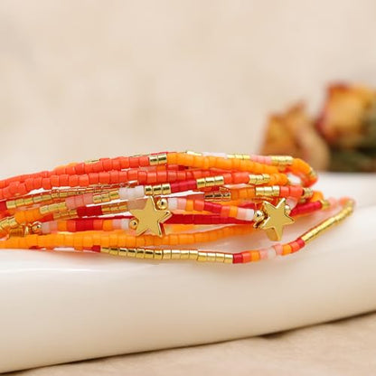 Gold Seed Beaded Bracelets Set for Women, Boho Handmade Friendship Stretch Summer Beach Jewelry Gift. - color: Fall Orange
