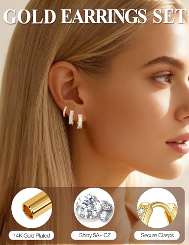 Small Gold Earring Stack Trendy 925 Sterling Silver Earrings for Women Hypoallergenic 14K Gold Plated Cubic Zirconia Stud Hoop Non Tarnish Huggie Hoop Earrings Set for Multiple Piercing Jewelry Gift - style: Gold: 3 Pairs of Shiny CZ Hoops