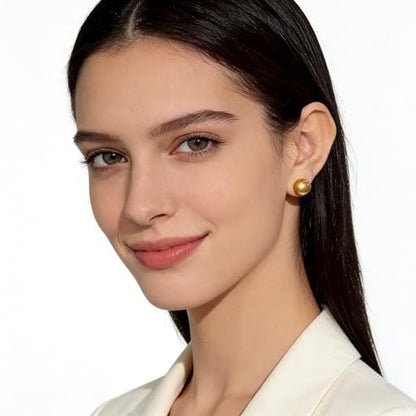 Gold & Brown Faux Pearl Stud Earrings, S925 Silver Posts Hypoallergenic for Women - color: Gold, size: 12mm