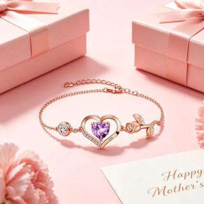 1CT Rose Heart Birthstone Bracelet for Women Love Gift - style: 06-Jun Light Purple Rose Gold