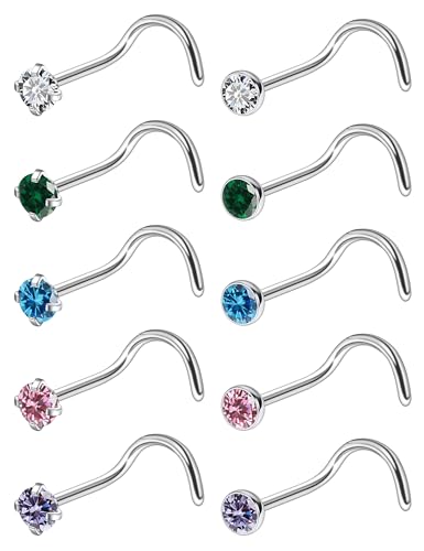 ASTM F136 Titanium Nose Rings 18G 20G 22G Jeweled Mix Color CZ Nose Studs Ring Screw L-Shaped Bone Hypoallergenic Nostril Body Piercing Jewelry for Women 1.5mm 2mm 2.5mm 3mm 10PCS - style: Screw:18G(1.0mm)-1.5mm CZ