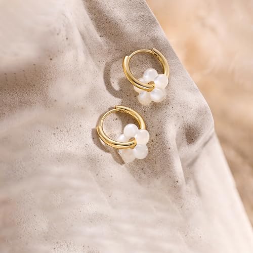 Robaice Pearl Earrings for Women, 14K Gold Plated Dangle Drop Earrings | Small Pearl Drop Huggie Hoop Earrings, Hypoallergenic Dainty Gold Earrings, Wedding Jewelry Gifts for Women Trendy - style: gold flower-1