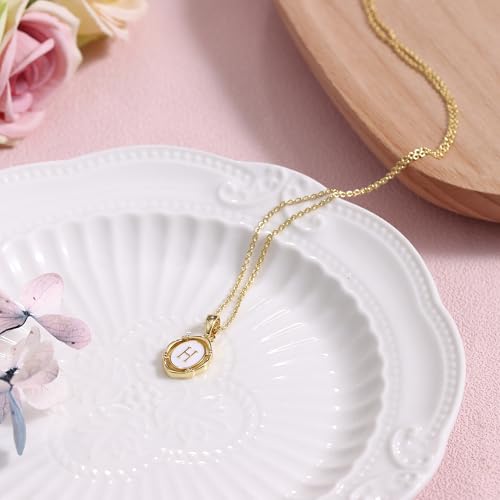 14K Gold Plated Initial Necklaces for Women, Letter Charm Pendant Necklace | Dainty Oval White Enamel Personalized Name Necklace, Trendy Jewelry with 16 inches Chain and 2 inches Extender - color: H