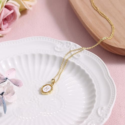 14K Gold Plated Initial Necklaces for Women, Letter Charm Pendant Necklace | Dainty Oval White Enamel Personalized Name Necklace, Trendy Jewelry with 16 inches Chain and 2 inches Extender - color: H