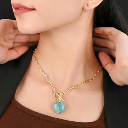 Gempires Gemstone Heart Pendant Necklace for Women, Gold Toggle Birthstone | Handmade gemstone heart pendant necklace — choose from 11 stones and birthstones, gold toggle paperclip chain. - color: Amazonite