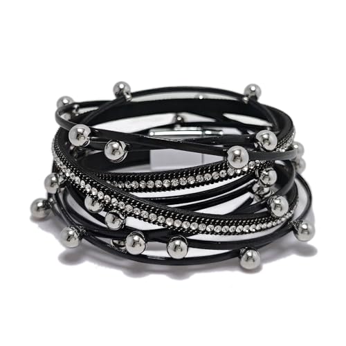 ZMANYIJEW Leather Wrap Bracelets for Women,Boho Cuff Bracelets Multi-Layer Crystal Beads Cuff Bracelet Multilayered Leopard Leather Braided Bangle Wrist Cuff Bangles - style: bead-black