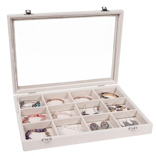 Stratalife Jewelry Organizer, Dustproof Bracelet Organizer Box, 13.78"x9.4" | 12 Grid Stackable Jewelry Tray with Clear Lid, Velvet Jewelry Box for Drawer, Necklace Trinket Storage Display, Beige - color: Beige, size: 12 Grid