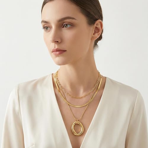 Layered Gold Necklaces for Women,18K Real Gold Plated Trendy Circle Pendant Necklace, Stackable Necklace Stainless Steel Jewelry Gifts for Birthday Valentine's, Mother's Day & Christmas - style: Gold-A