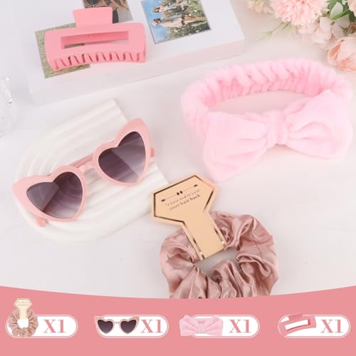 Semato 4 Pcs Pink Bridesmaid Proposal Gifts Bridesmaid Spa Headband, Hair Claw Clips, Heart Shaped Sunglasses and Smooth Satin Scrunchies - color: Pink