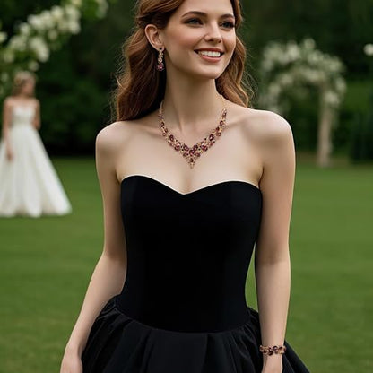 Wedding Bridal Jewelry Set for Women Bride Bridesmaids | Gorgeous Austrian Crystal Teardrop Cluster Statement Necklace Dangle Earrings Link Bracelet Set Prom Jewellery - color: 14-Deep Amethyst Color Gold-Plated-Base