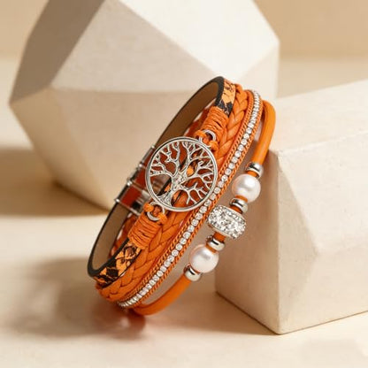 hotoo Leather Wrap Bracelets for Women Tree of Life Cuff Bracelets Pearl Rhinestone Bead Multi-Layer Bracelets Bohemian Jewelry Gift for Women - color: Orange