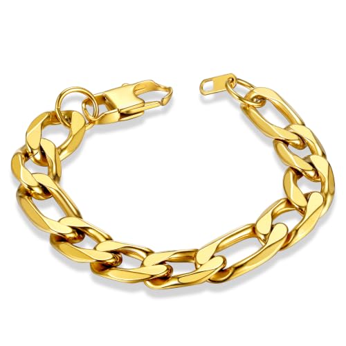 ChainsHouse Figaro Link Chain Bracelet for Men Stainless Steel Jewelry | Black/ Gold Bracelets Men, 6/9/13mm Figaro Cuabn Bracelets 7.5"/8.3", Chunky Hip Hop Wrist Hand Chain Bracelet for Gift - color: b: 13mm-gold