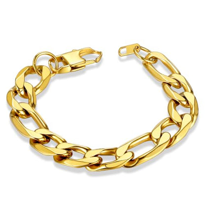 ChainsHouse Figaro Link Chain Bracelet for Men Stainless Steel Jewelry | Black/ Gold Bracelets Men, 6/9/13mm Figaro Cuabn Bracelets 7.5"/8.3", Chunky Hip Hop Wrist Hand Chain Bracelet for Gift - color: b: 13mm-gold